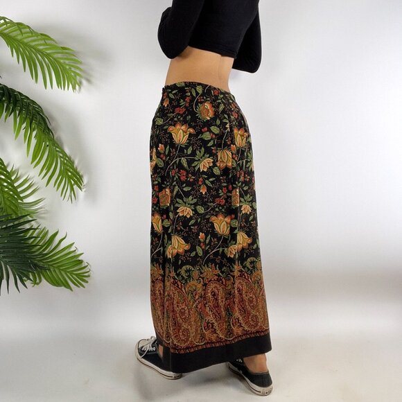 Vintage 90s Black Floral Paisley Cottagecore Fairy Grunge Boho Midi Skirt / 12 - Picture 2 of 6